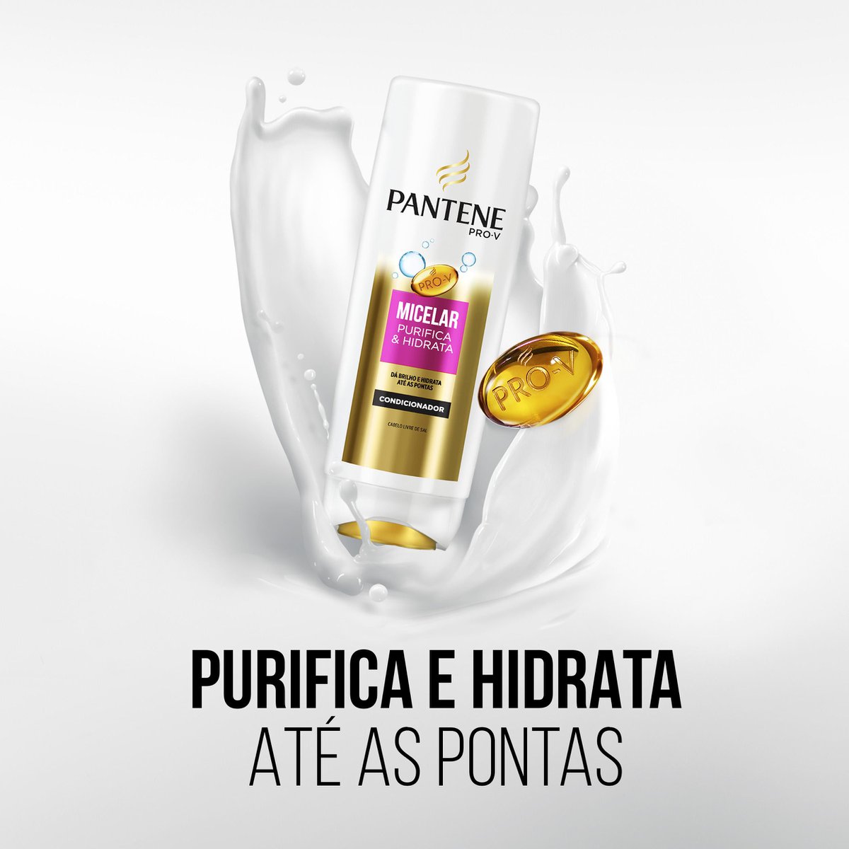 Condicionador Pantene Micelar 175ml em respingos cremosos destacando ação purificante e hidratante