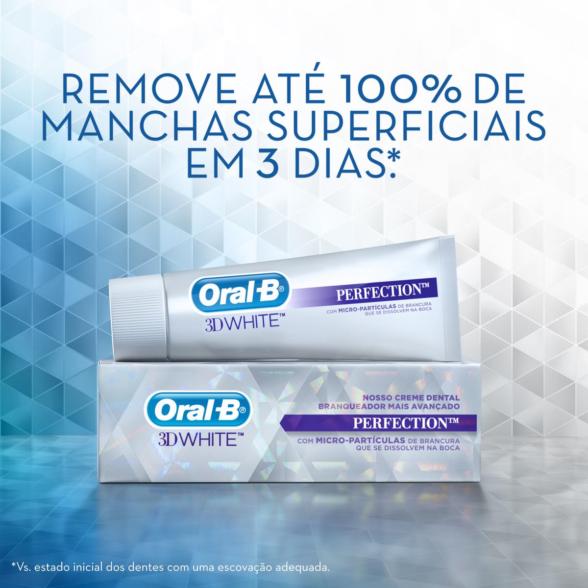Embalagem holográfica do Oral-B 3D White Perfection mostrando benefícios