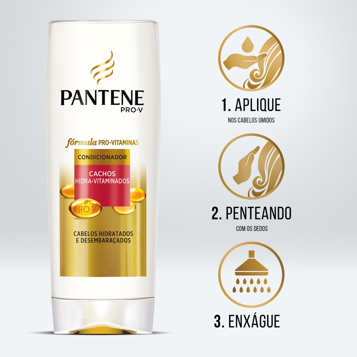 Instruções ilustradas de uso do condicionador Pantene Pro-V Cachos Hidra-Vitaminados