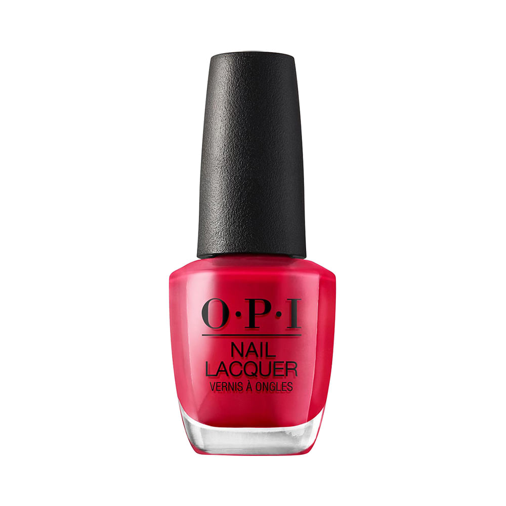 Frasco de esmalte OPI vermelho By Popular Vote com tampa preta fosca e vidro translúcido