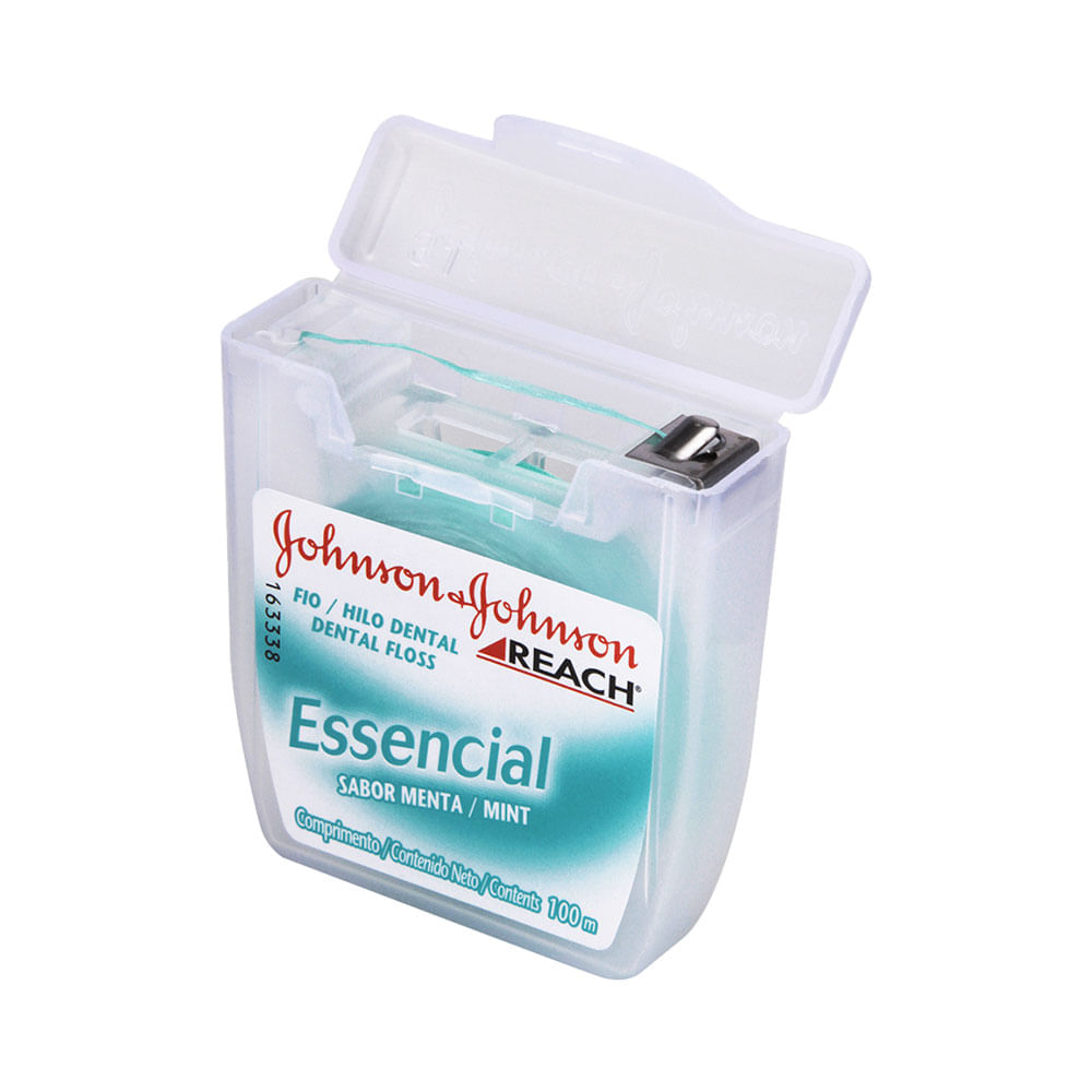 Rolo de fio dental Johnson & Johnson Essencial Menta aberto mostrando o fio verde