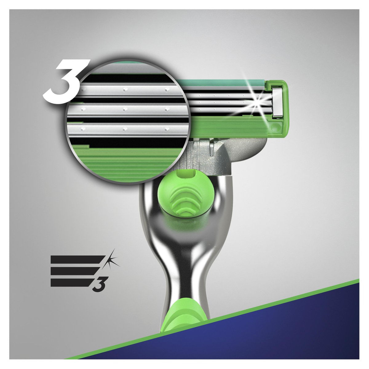 Close nas três lâminas do refil Gillette Mach3 Sensitive com detalhes verdes na base