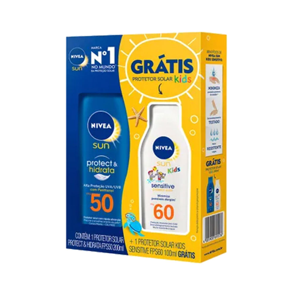Kit Protetor Solar Nivea Sun FPS 50 200ml + Nivea Sun Kids FPS 60 - embalagens azul e branca