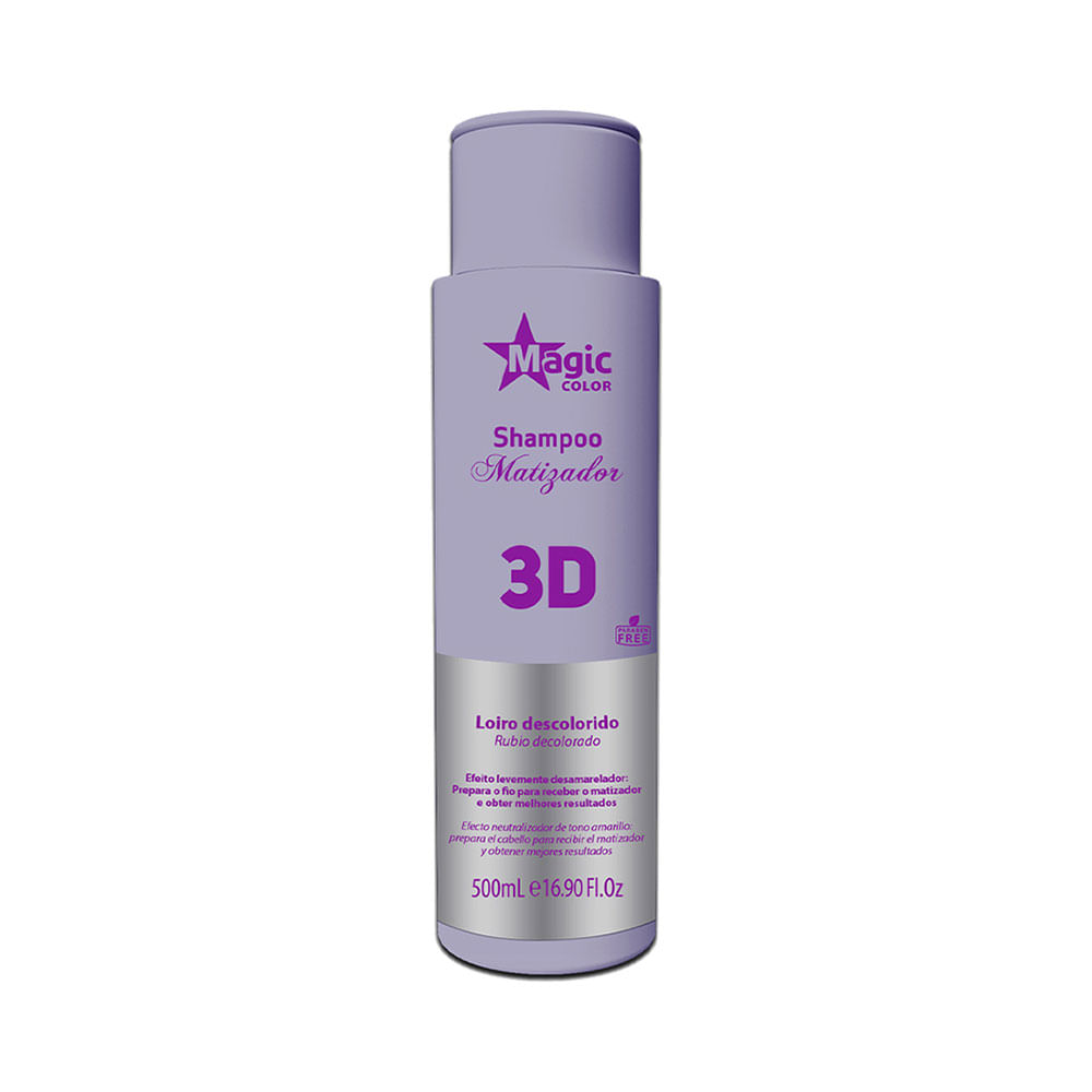 Frontal da embalagem do Shampoo Matizador Magic Color 3D 500ml, embalagem lilás com detalhes em roxo e prata
