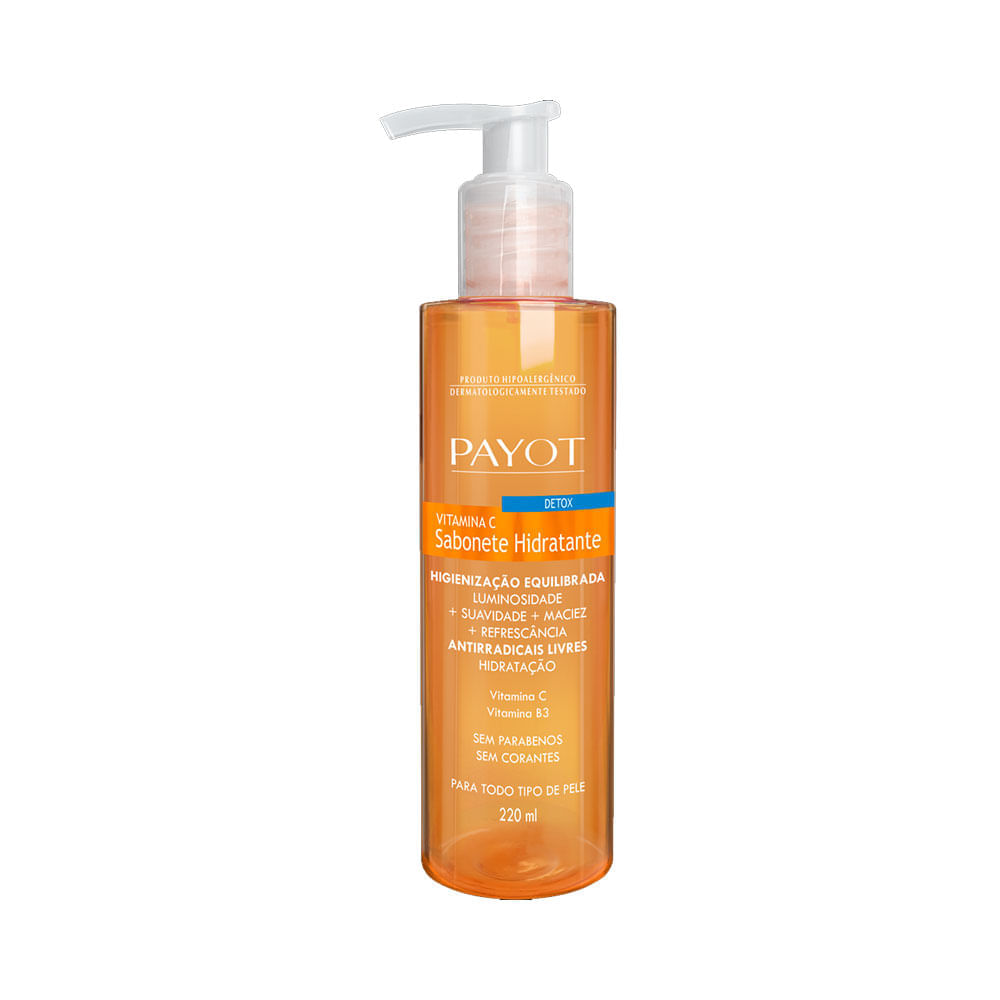 Frasco transparente do Sabonete Líquido Payot Detox Vitamina C 220ml - pump branco e líquido laranja