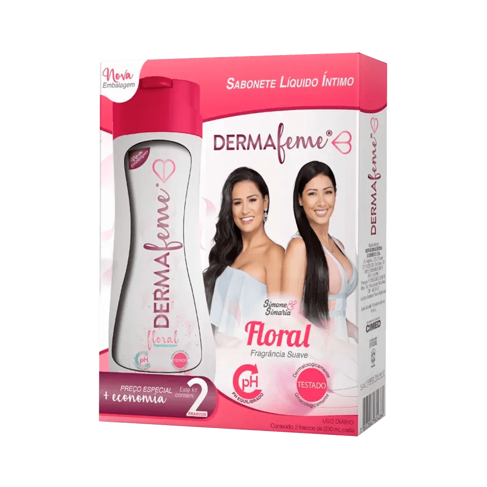 Kit Sabonete Íntimo Dermafeme 200ml com 2 unidades - frascos rosas e brancos