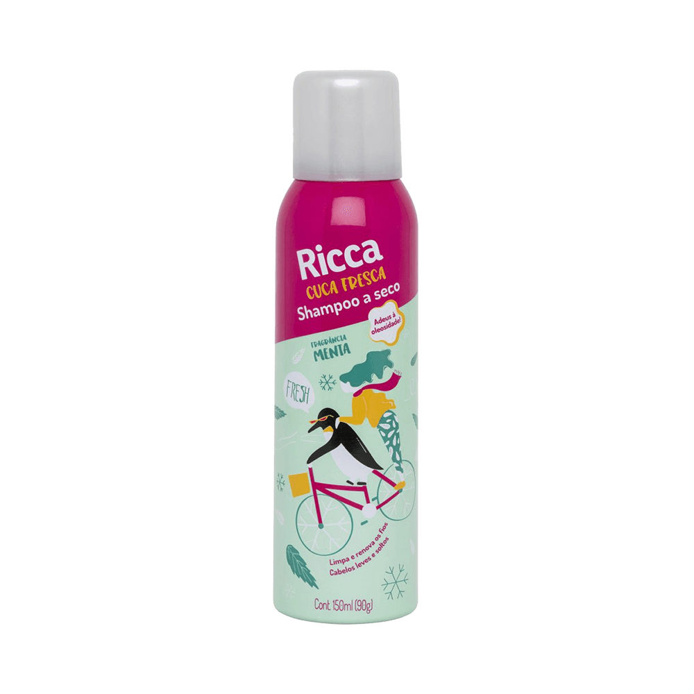 Frasco Shampoo a Seco Ricca Menta 150ml com design verde e rosa, ilustrações e indicação de fragrância menta