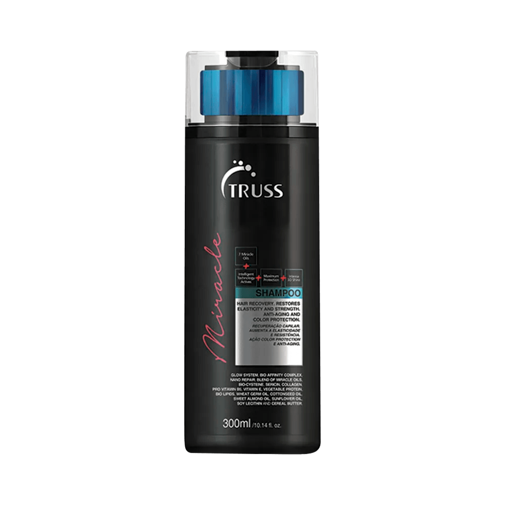 Frontal do Shampoo Truss Miracle 300ml - frasco preto com tampa azul