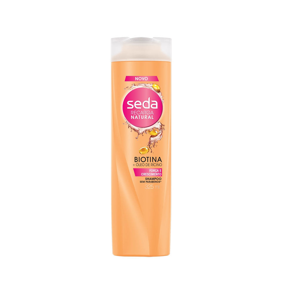 Frontal do frasco de Shampoo Seda Recarga Natural Biotina e Óleo de Rícino 325ml