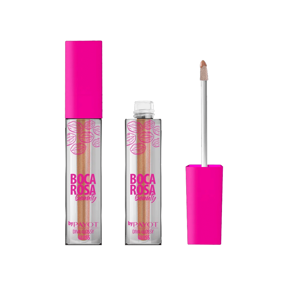 Três unidades do Gloss Payot Boca Rosa #DivaglossyBey 37,5g com tampa rosa e corpo transparente mostrando a cor nude