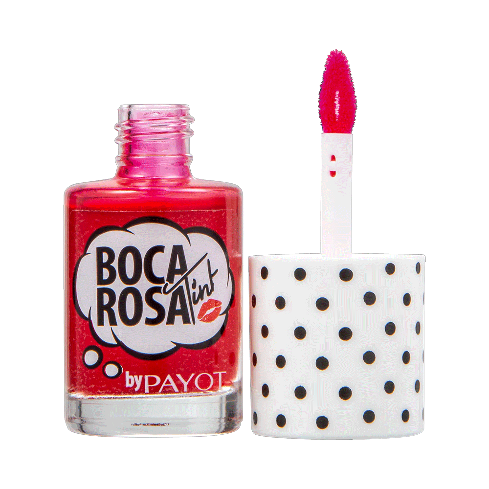 Lip Tint Payot Boca Rosa 10ml - frasco transparente com líquido vermelho e tampa branca