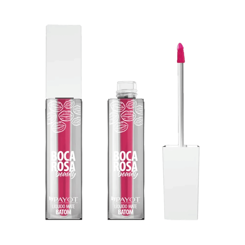 Batom Líquido Matte Payot Boca Rosa #BocaRosaShock - embalagem transparente e aplicador