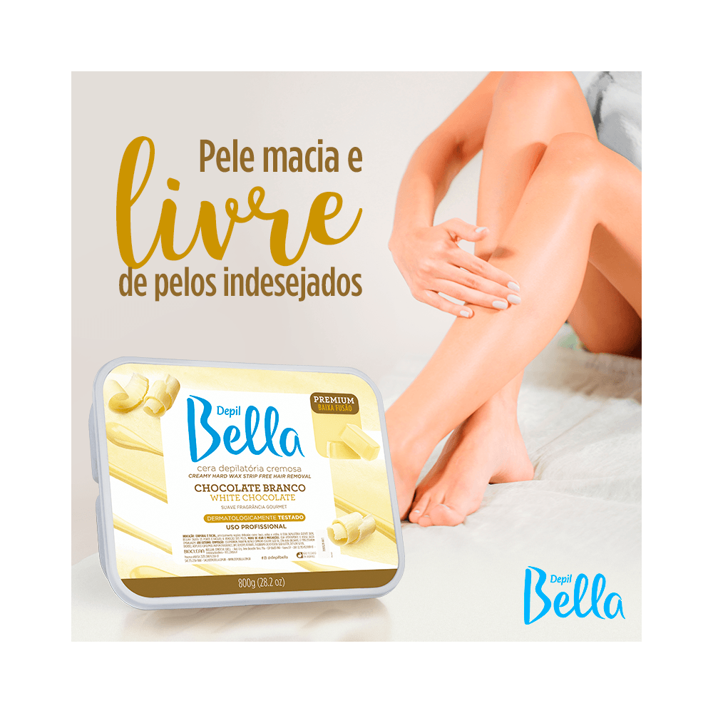 Produto Depil Bella Chocolate Branco 800g com destaque para pele macia e embalagem
