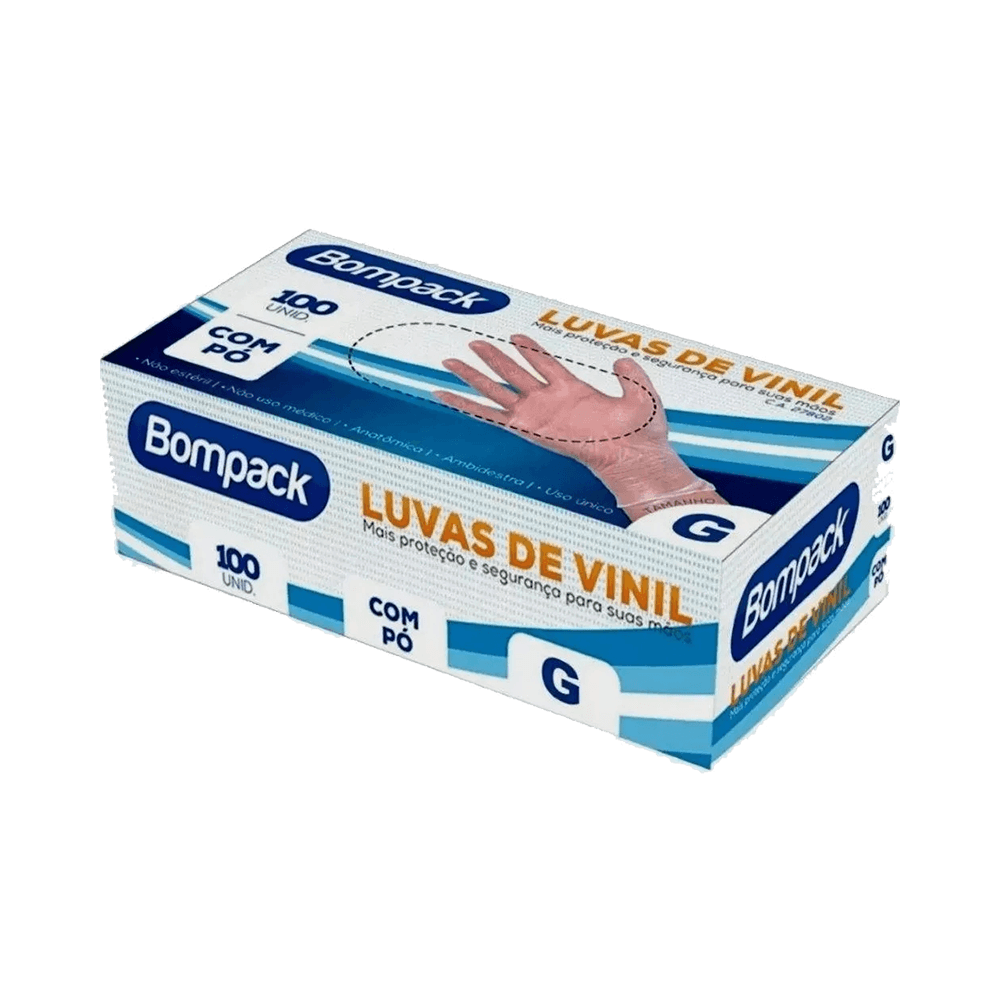 Caixa de Luvas de Vinil Bompack 100 unidades com luva em destaque