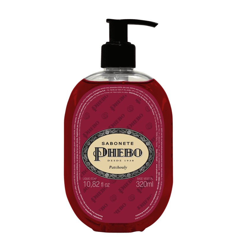 Sabonete Líquido Phebo Patchouly 320ml - frasco transparente com líquido vermelho e pump preto