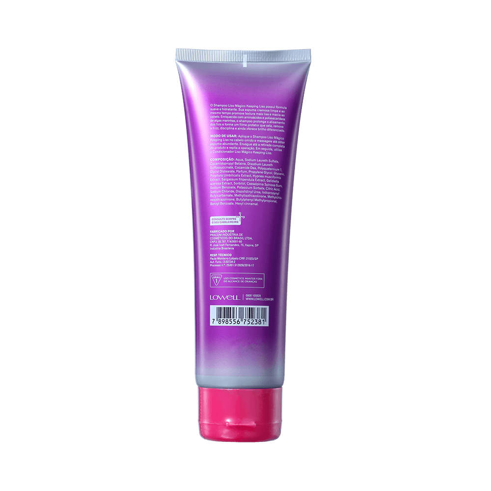 Shampoo Lowell Keeping Liss Liso Mágico 240ml - embalagem roxa com tampa rosa