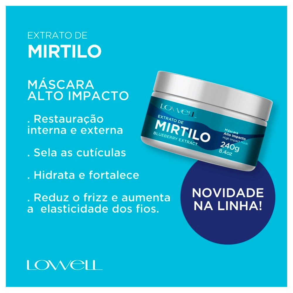 Máscara Lowell Extrato de Mirtilo 240g sobre fundo azul claro com benefícios destacados
