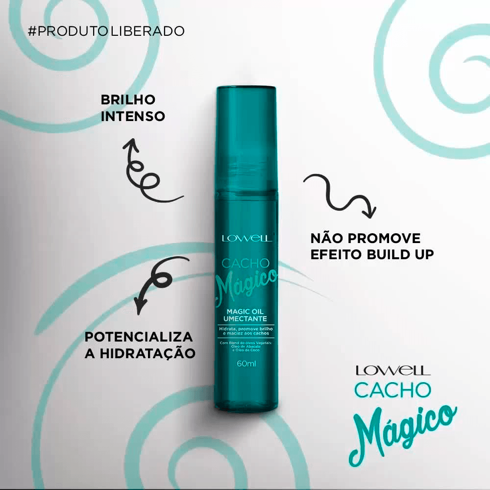 Imagem do produto destacando benefícios do Óleo Umectante Lowell Cacho Mágico