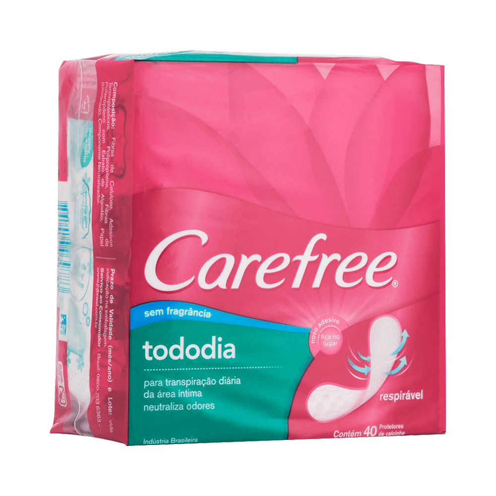 Embalagem frontal rosa e verde do Protetor Diário Carefree Tododia sem fragrância 40 unidades