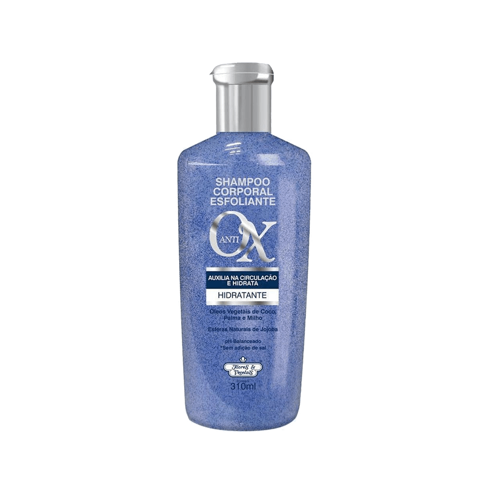 Frasco azul do Shampoo Hidratante Corporal Esfoliante Flores e Vegetais 310ml