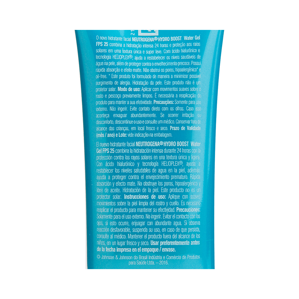 Verso do tubo com informações e instruções do Neutrogena Hydro Boost Water Gel FPS25