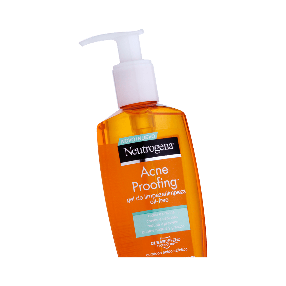 Frasco em ângulo do Gel de Limpeza Facial Neutrogena Acne Proofing mostrando embalagem e rótulo