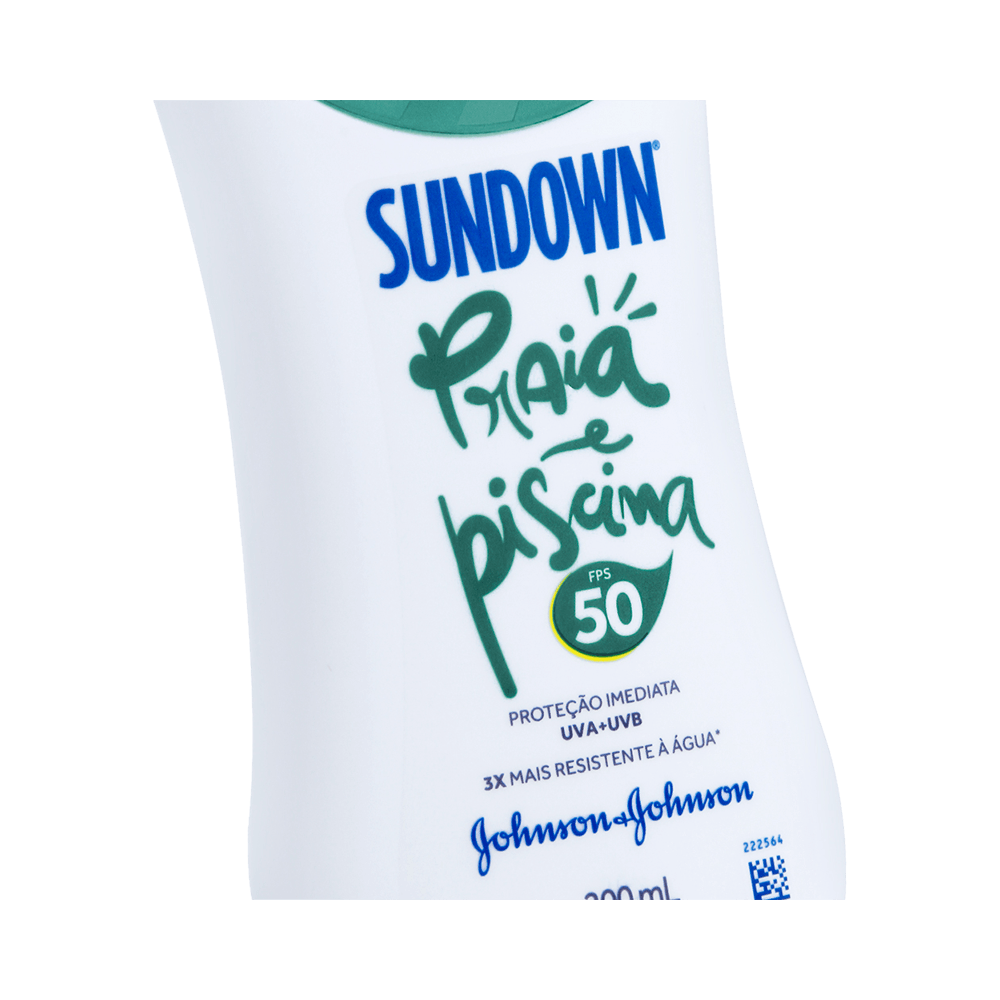 Close do rótulo do Protetor Solar Sundown FPS 50 destacando informações de proteção e volume