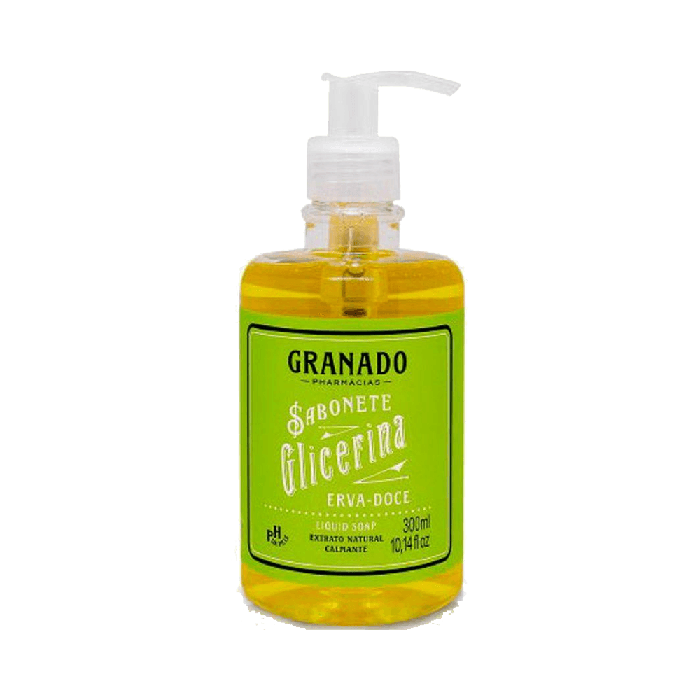 Frasco transparente de sabonete líquido Granado Erva Doce 300ml com pump