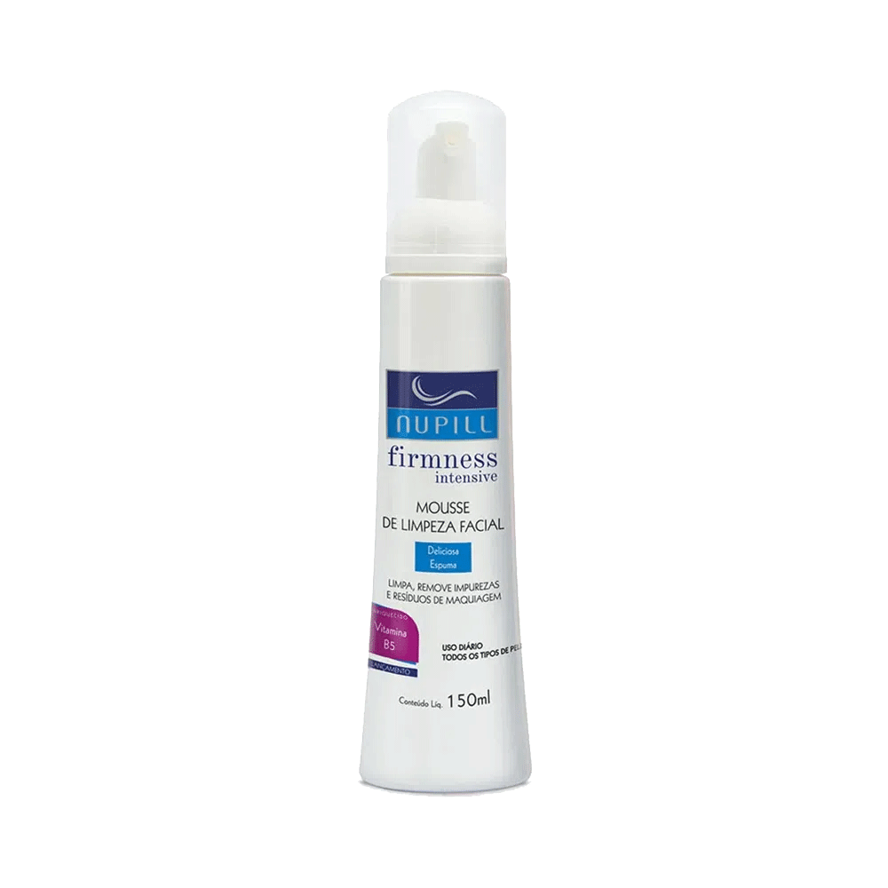 Mousse de Limpeza Facial Nupill Vit B5 150ml em embalagem branca com pump