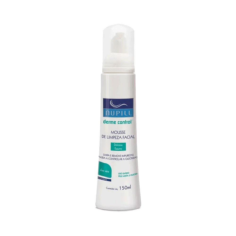 Frasco branco do Mousse de Limpeza Facial Nupill Dermo Control Aloe Vera 150ml
