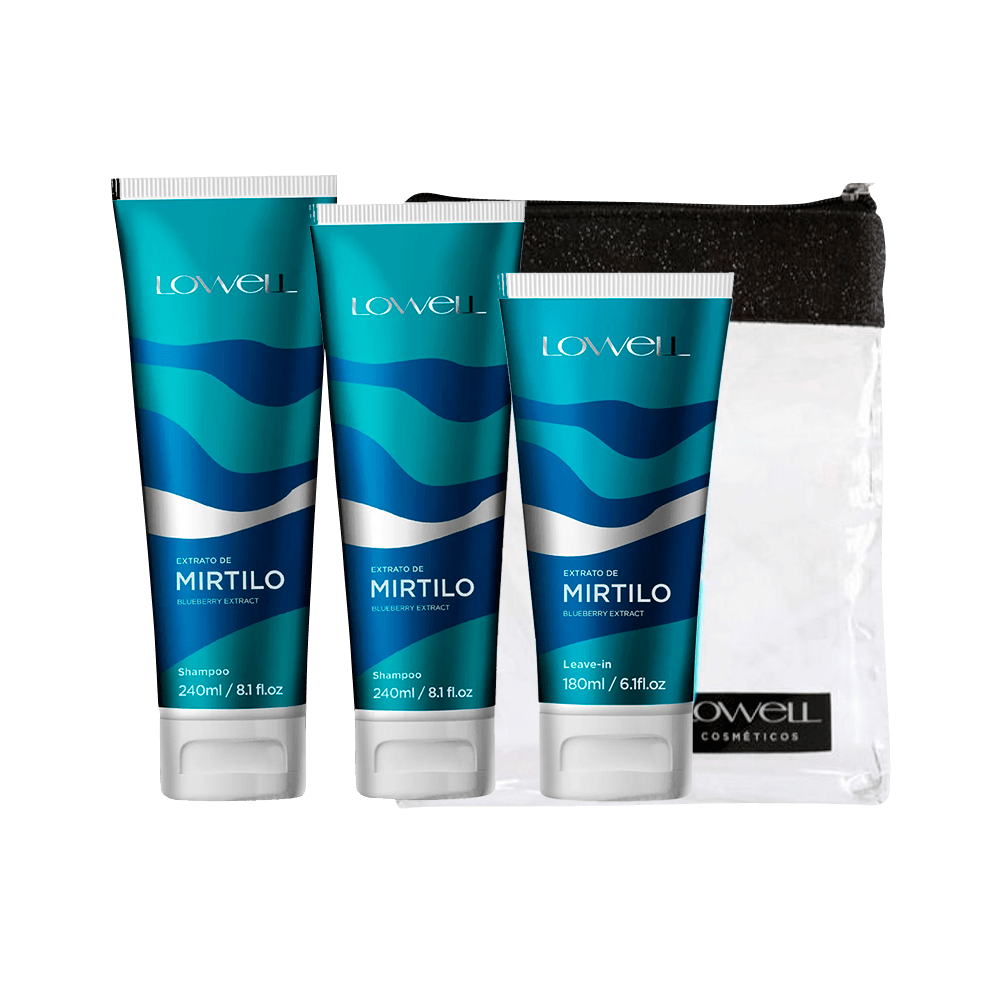 Kit Lowell Extrato de Mirtilo com shampoo, condicionador, leave-in e necessaire