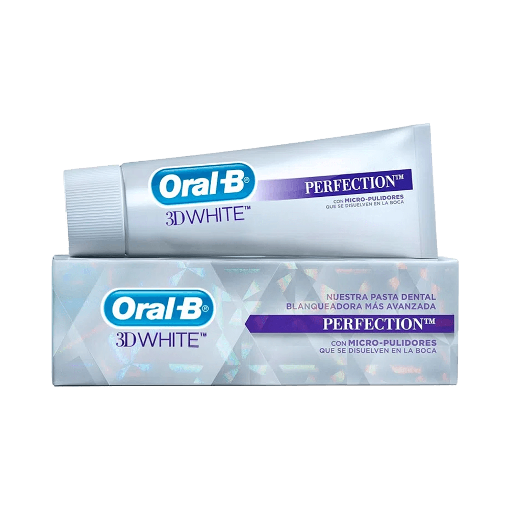 Creme Dental Oral-B 3D White Perfection 90g - tubo e caixa com design branco e holográfico