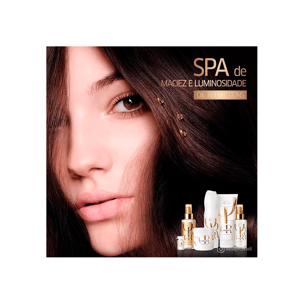 Produtos da linha Oil Reflections com modelo e frascos brancos e detalhes dourados