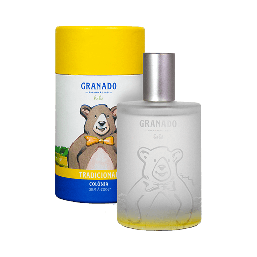 Colônia Granado Bebê Tradicional 100ml - frasco de vidro fosco com ilustração de urso e tampa prateada