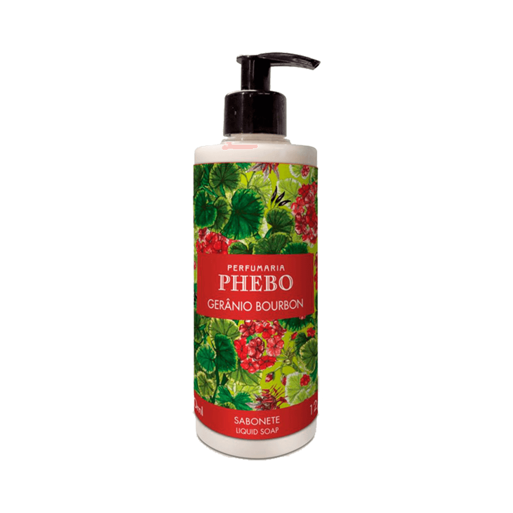 Sabonete Líquido Phebo Gerânio Bourbon 360ml - frasco com pump e rótulo floral