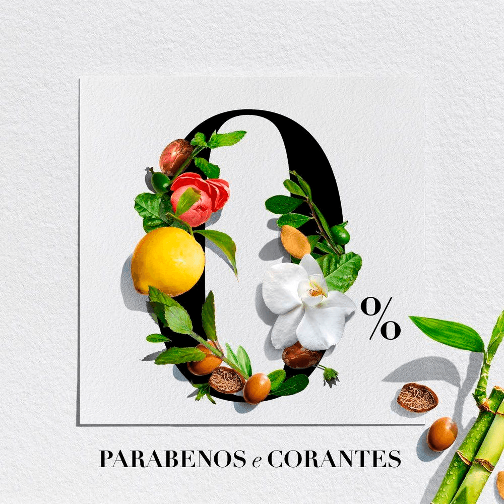 Imagem destacando ausência de parabenos e corantes com elementos naturais decorativos