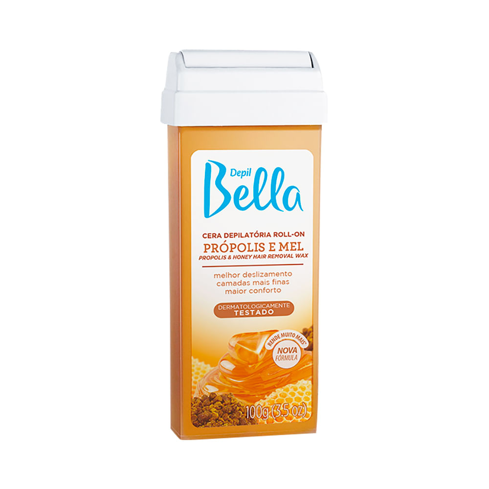 Refil Cera Depil Bella Própolis e Mel 100g - embalagem roll-on âmbar com mel e própolis