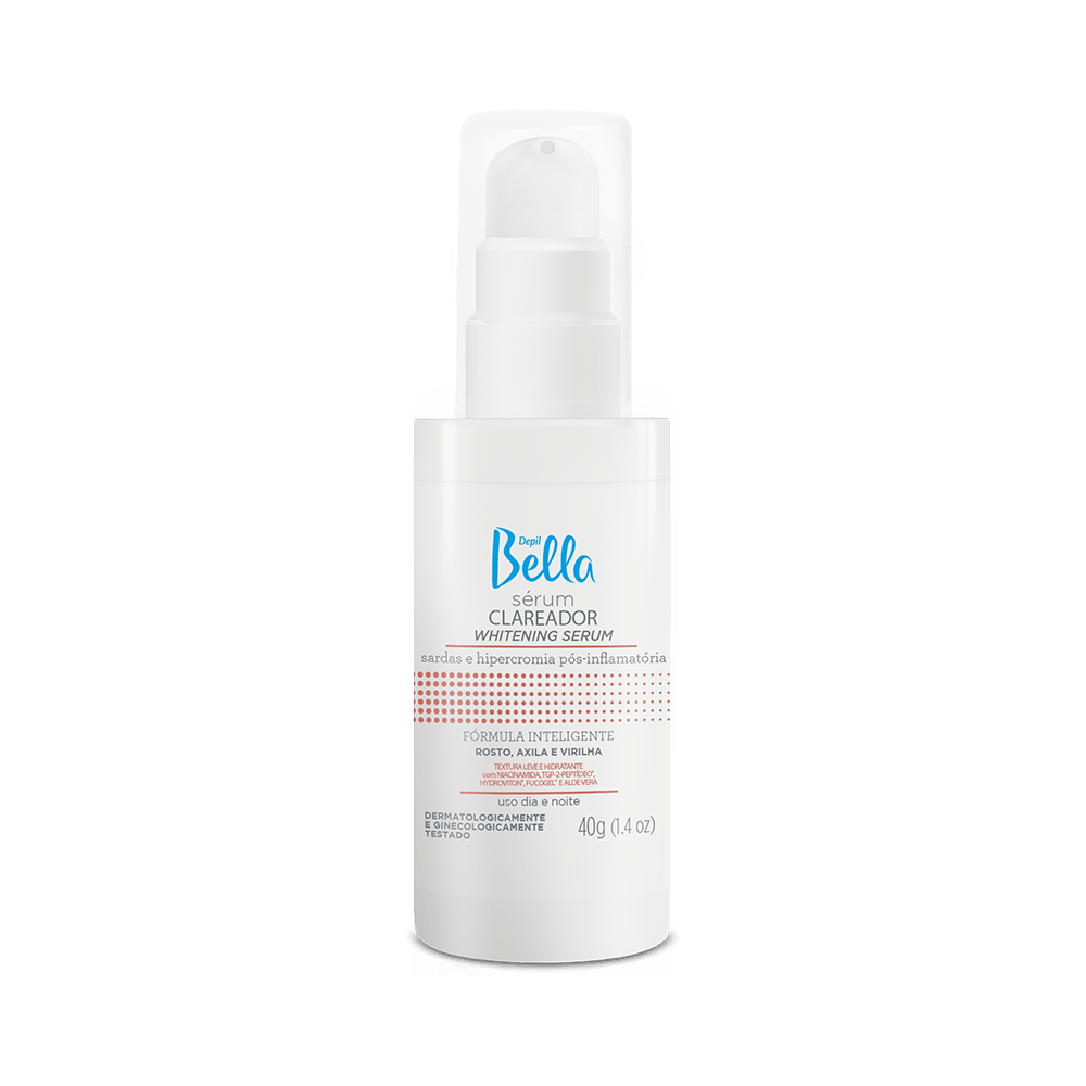 Frasco do Sérum Clareador Depil Bella 40g - rótulo com ativos e indicações