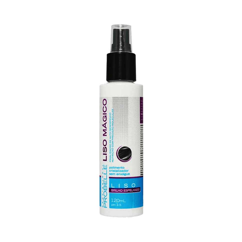 Spray Capilar Probelle Liso Mágico Brilho Espelhado 120ml - Frasco branco com tampa preta