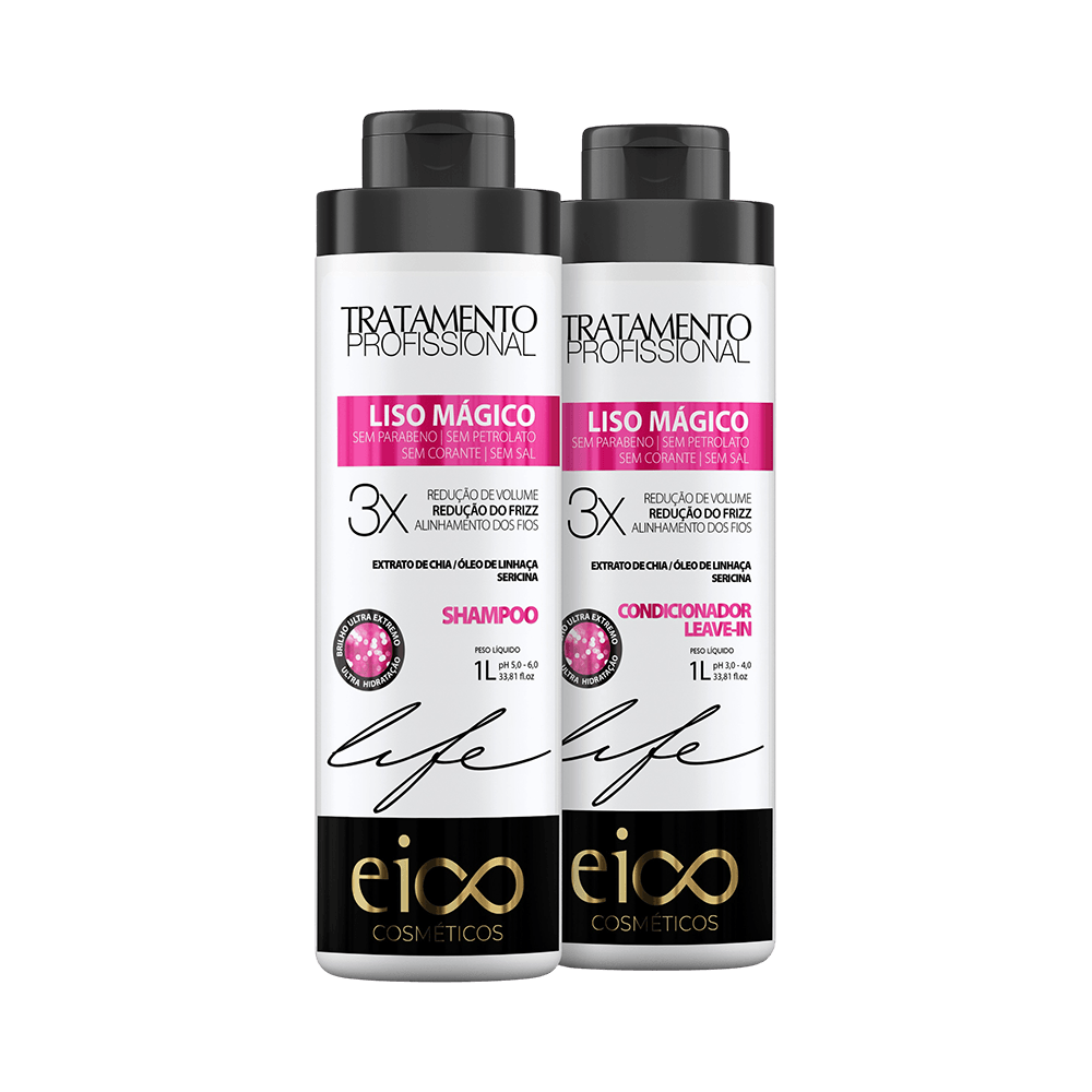 Kit Eico Liso Mágico Shampoo e Condicionador 1000ml - embalagem branca com detalhes em rosa