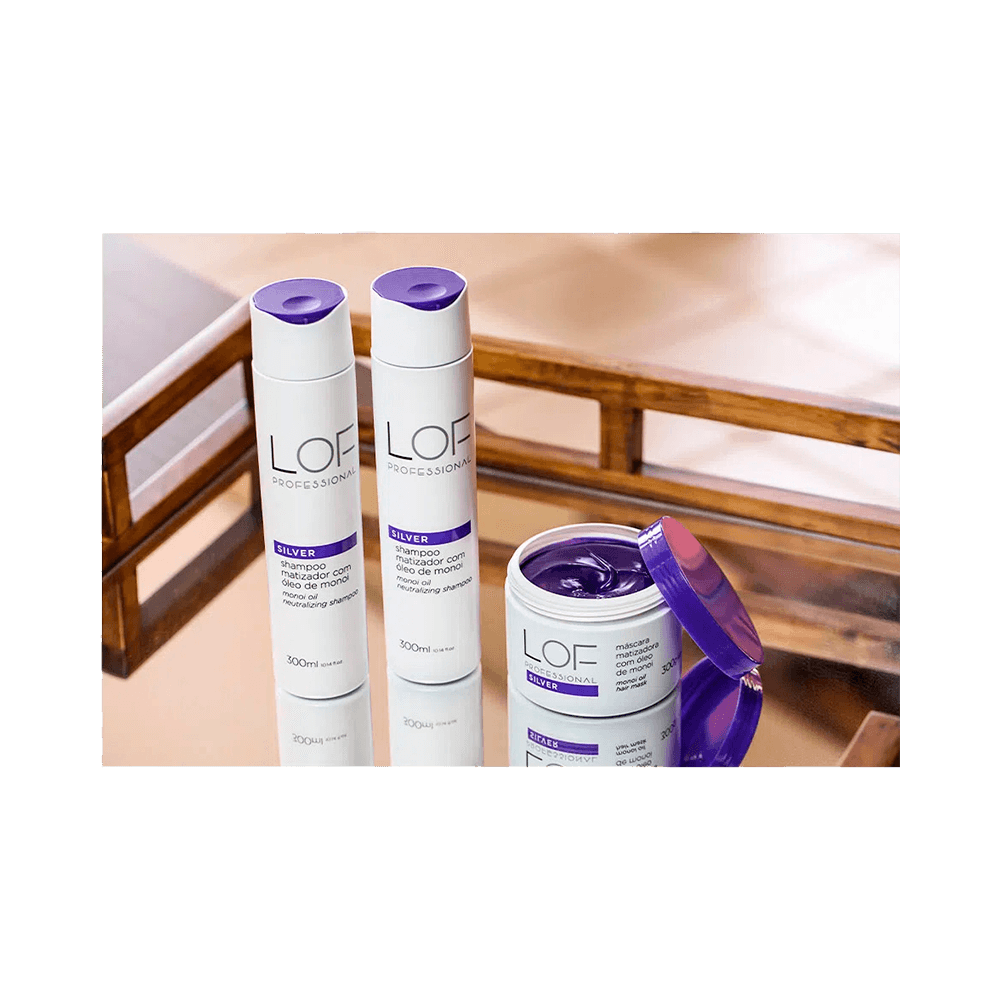 Produtos LOF Silver com pote aberto mostrando máscara roxa