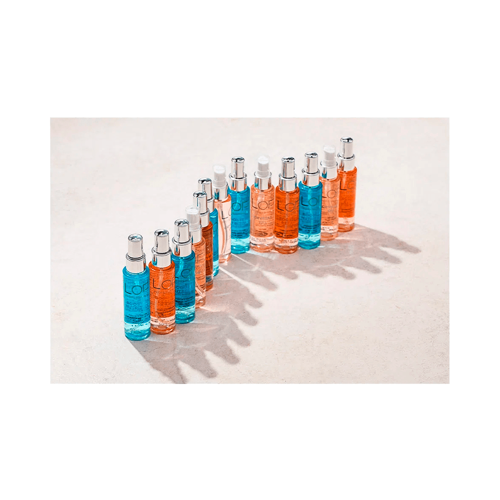 Variações do Sérum LOF Crystal Oil em frascos alinhados mostrando cores do produto