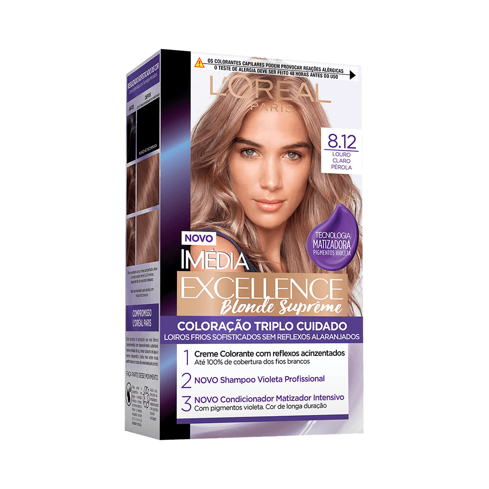 Embalagem da coloração Imédia Excellence Blonde Supreme 8.12 Louro Claro Pérola