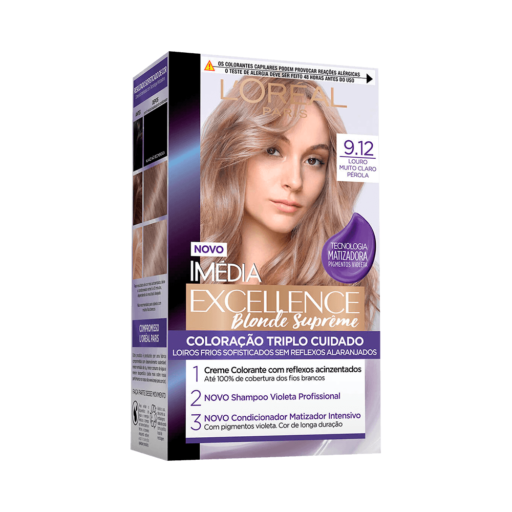 Embalagem da Coloração Imédia Excellence Blonde Supreme 9.12 Louro Muito Claro Pérola L'Oréal Paris