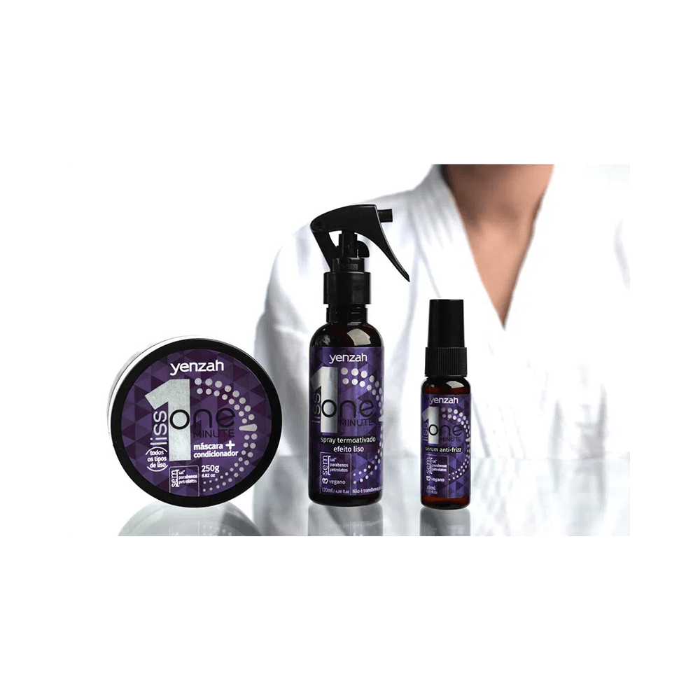 Variedade de produtos Yenzah One Minute Liss com destaque para o sérum
