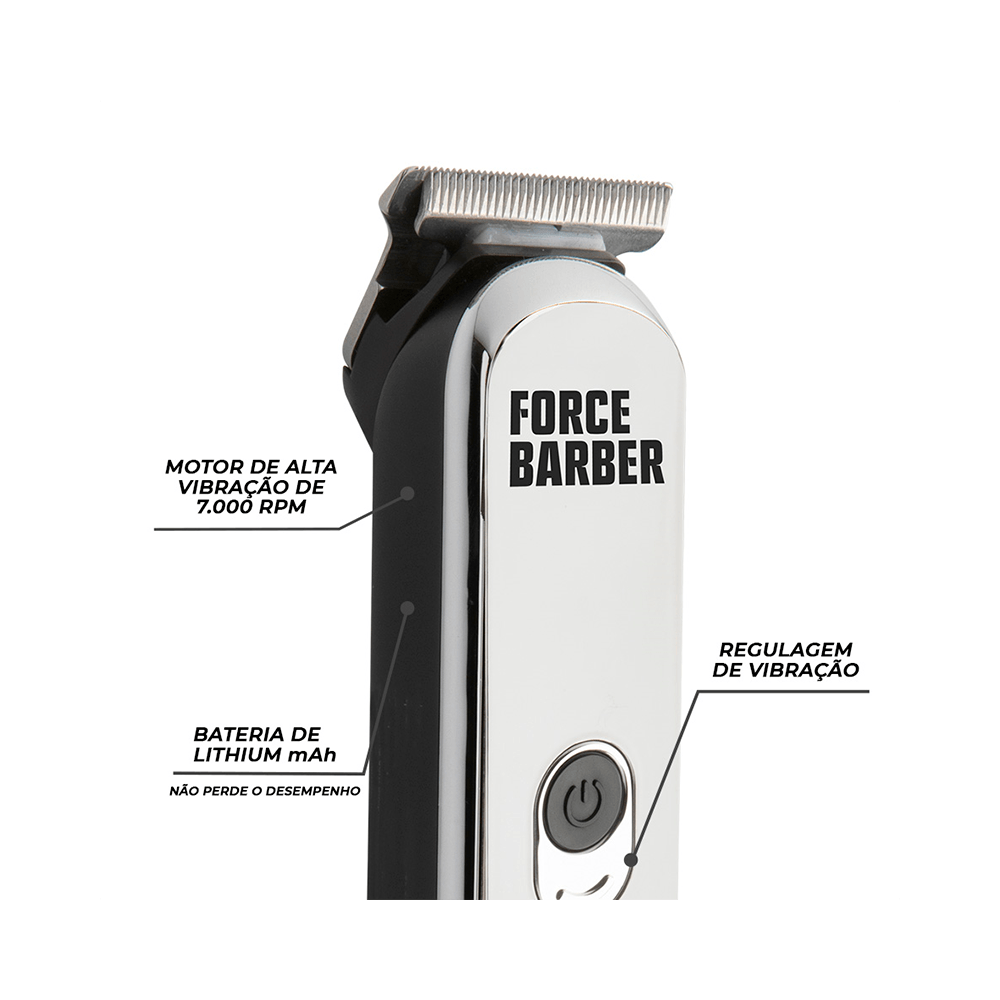 Detalhes técnicos da Máquina de Acabamento Force Barber End mostrando motor e lâmina
