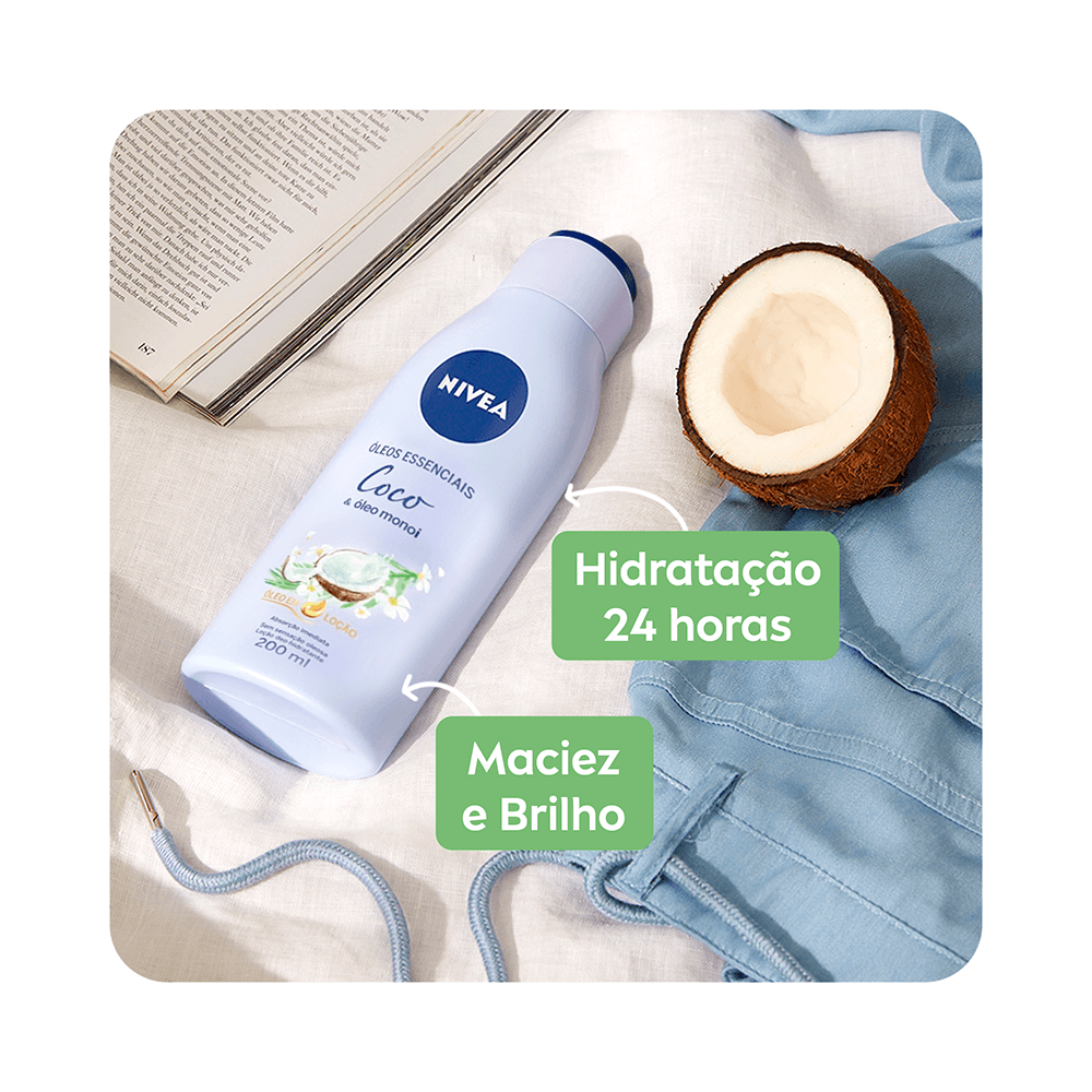 Frasco NIVEA deitado ao lado de coco, destacando hidratação 24h