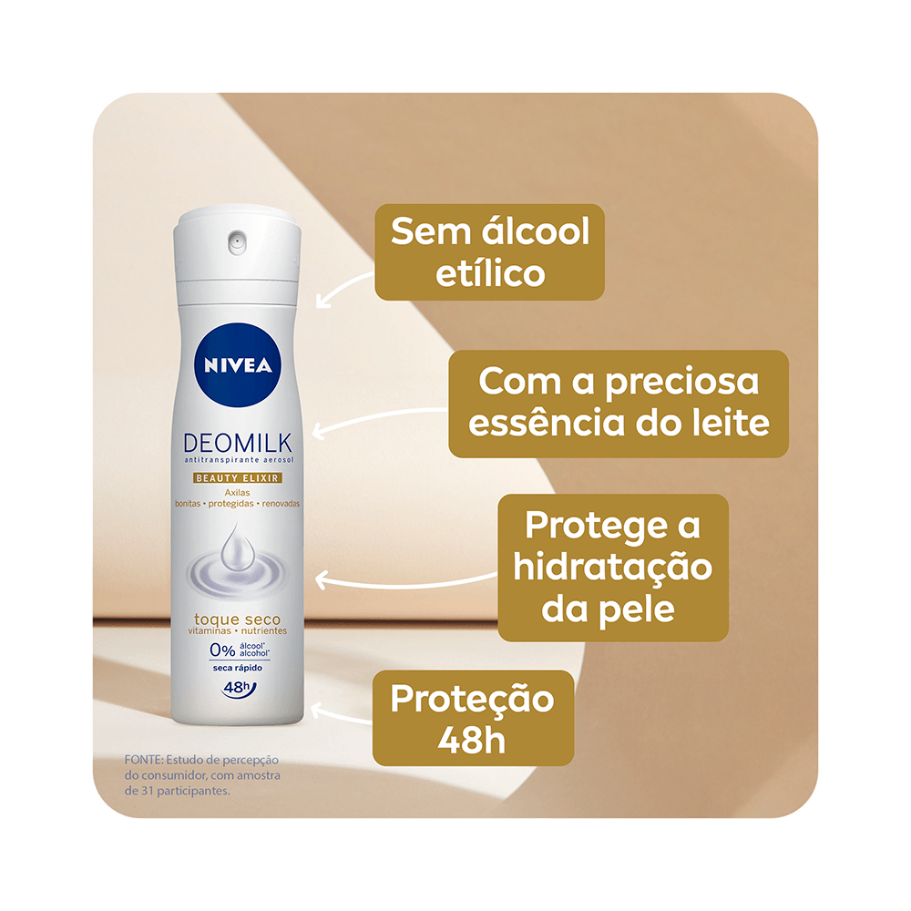 Desodorante NIVEA Deomilk com destaque para benefícios e ingredientes