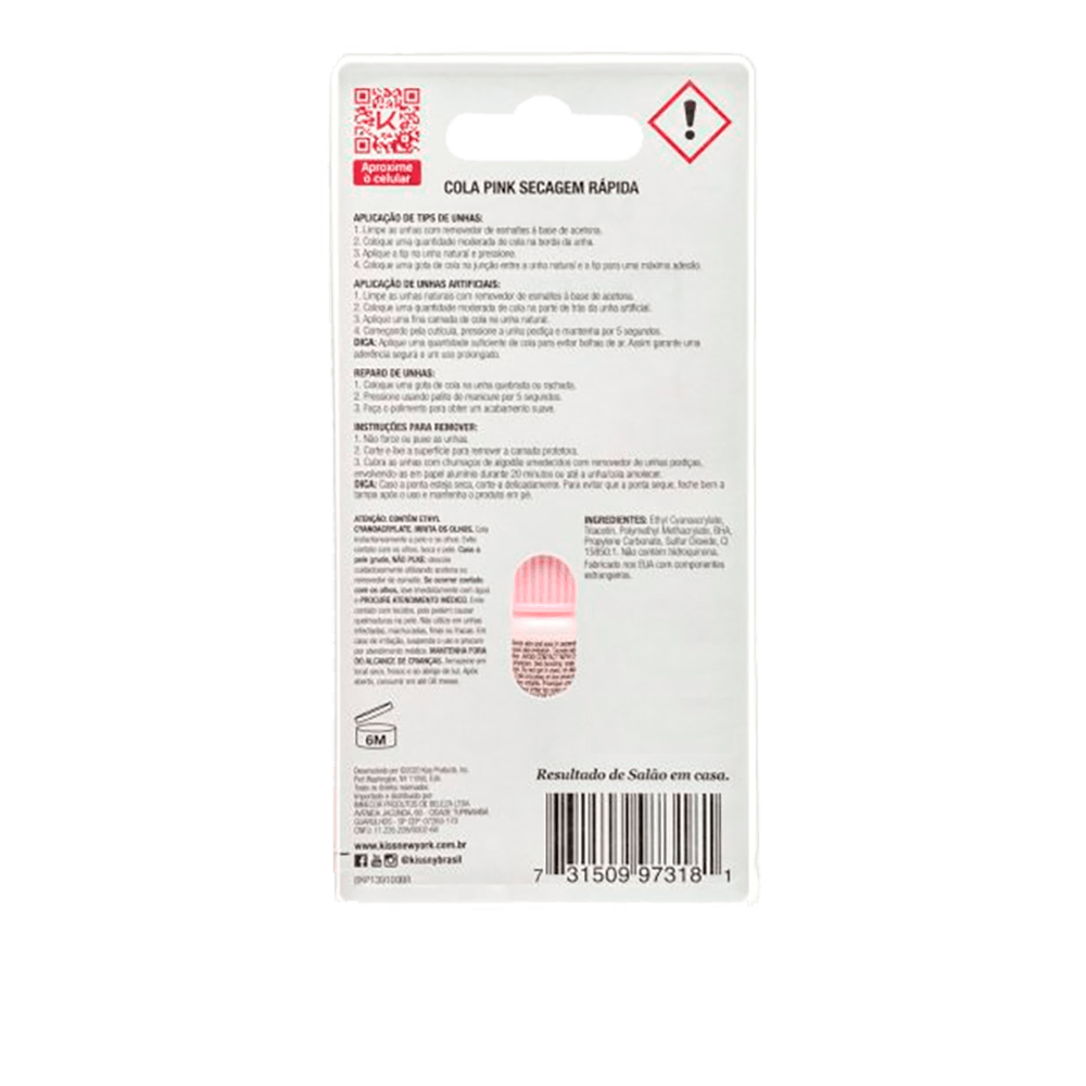 Parte traseira da embalagem com instruções de uso e advertências da Cola Pink Nail Glue