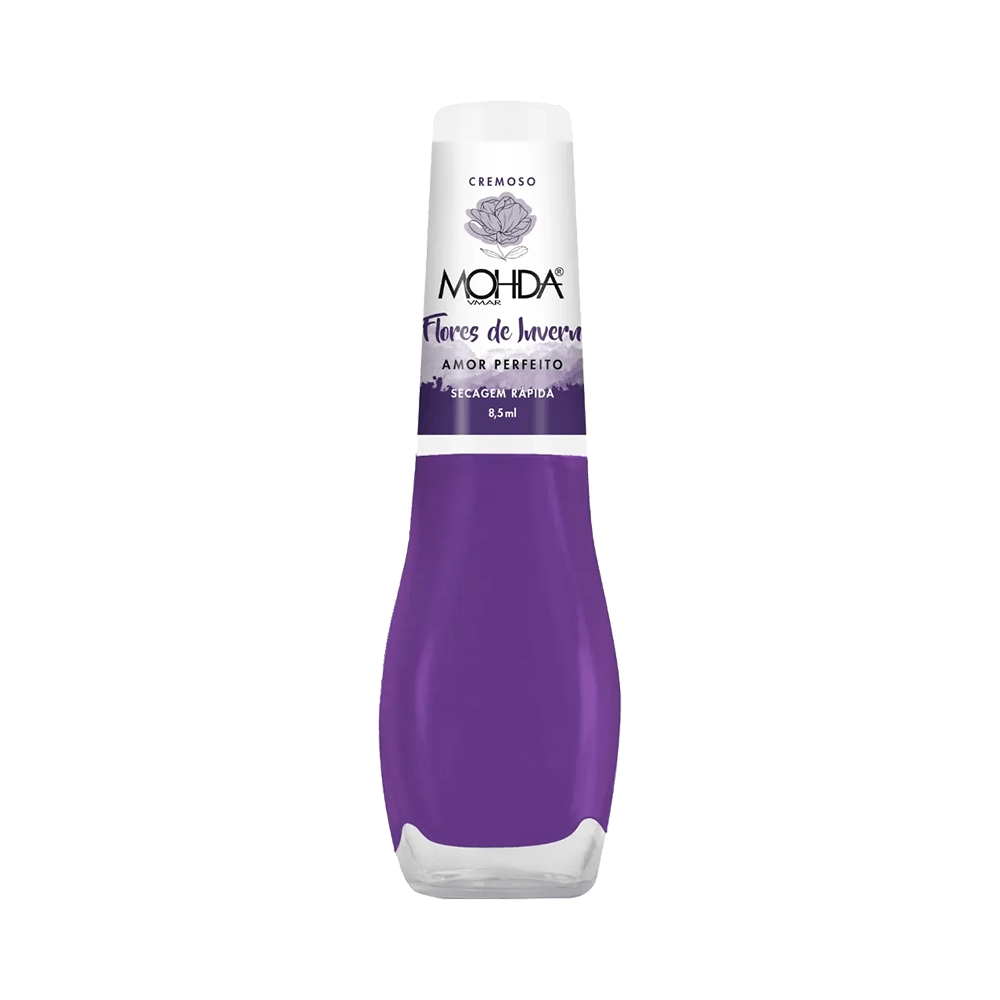 Frasco do Esmalte Mohda Cremoso Amor Perfeito em tom roxo intenso com tampa branca e detalhes roxos